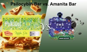 an image of Psilocybin mushroom chocolate vs. Amanita muscaria chocolate bar