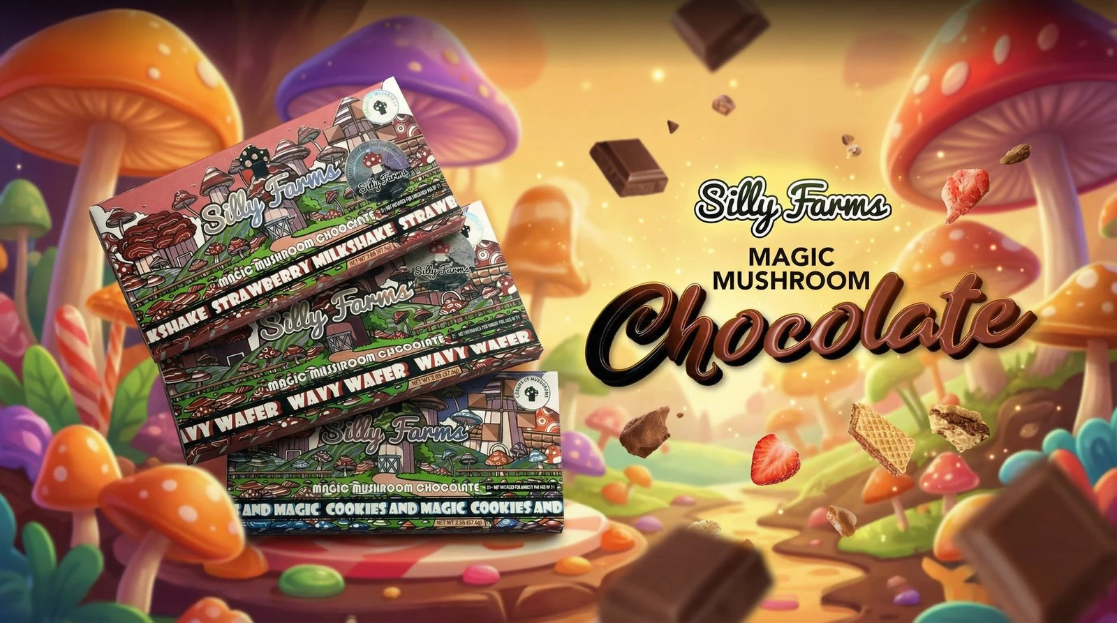 silly farms mushroom chocolate brand banner image