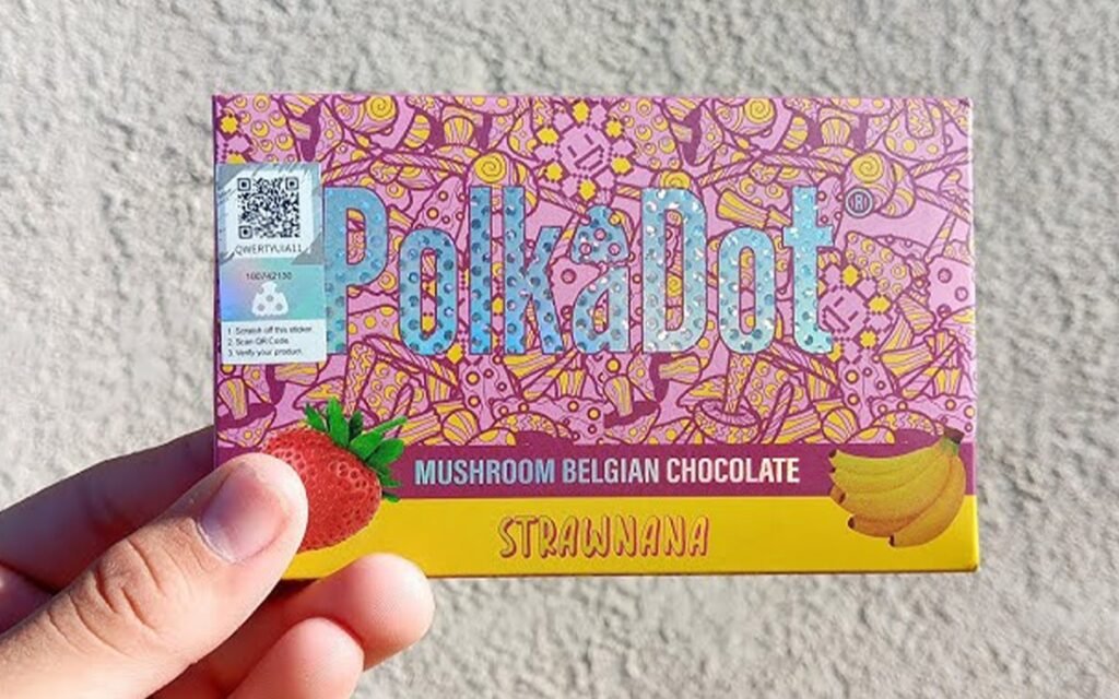 an image of polkadot strawnana mushroom Belgian chocolate bar product review